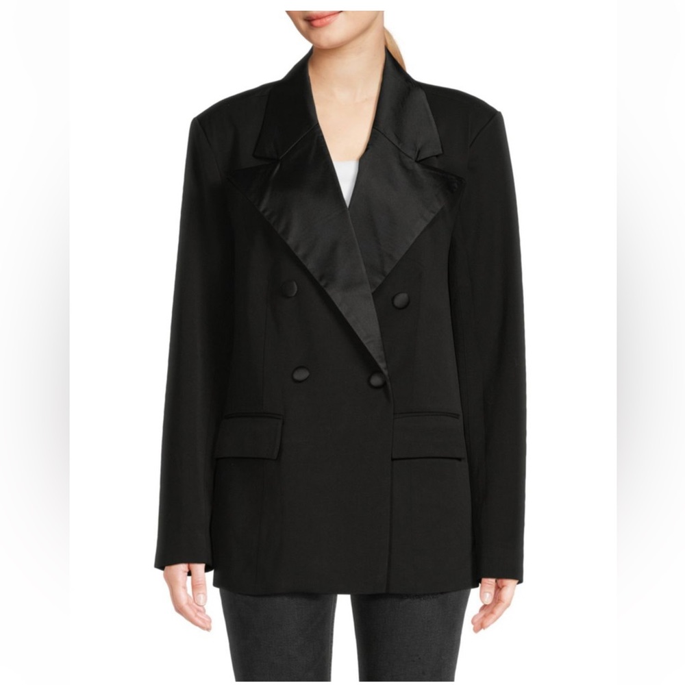 NWT WEWOREWHAT DOUBLE BREASTED TUXEDO BLAZER IN BLACK
